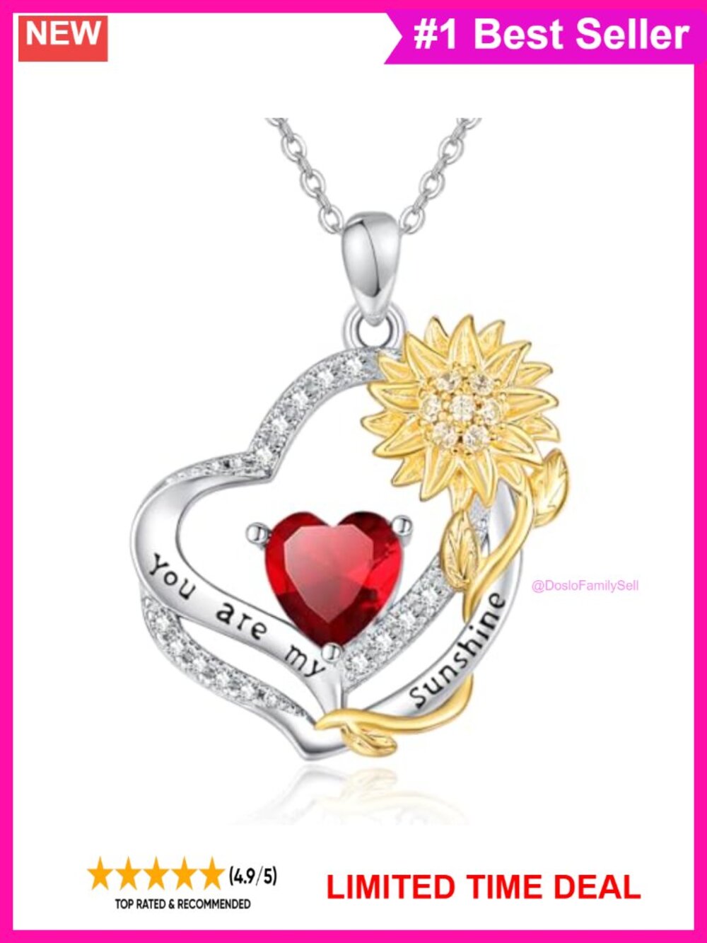 Sunflower July Birthstone Necklace 925 Sterling Silver Heart Pendant